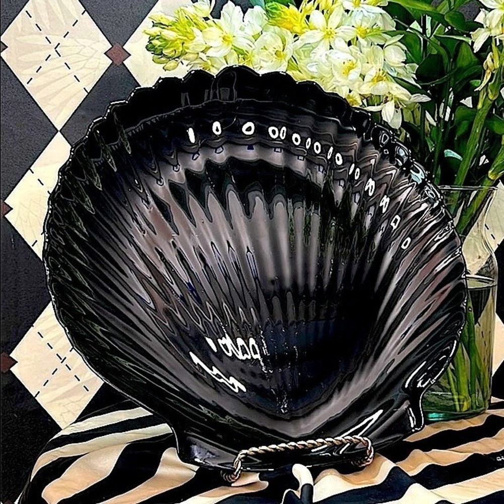 Vintage French Oyster Shaped Coquillage Black Glass Serving Platter Arcoroc 13"